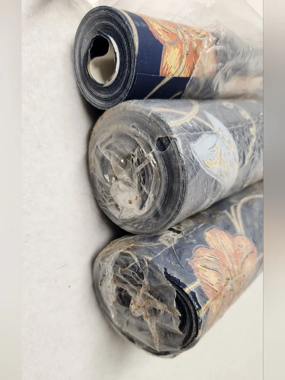 Vintage Thibaut Navy Blue Peach Floral Wallpaper 2.5 Rolls Boho Grandmillennial